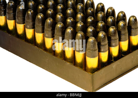 A tray / box of .22 bullets isolated on white Stock Photo