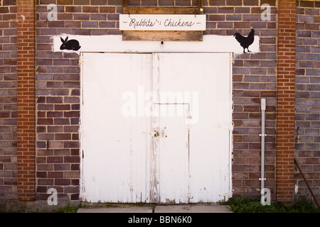 Main entry to livestock exhibition round barn building, Fayette County Fairgrounds, West Union, Iowa, USA Stock Photo