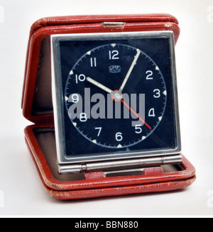 clocks, mechanic travel and etui clock Kal. 66, made by VEB Uhren- und Maschinenfabrik Ruhla, GDR, 1950s, Stock Photo