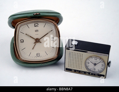 clocks, mechanic travel and etui clock Kal. 66 and Sumatic Kal. 24, made by VEB Uhren- und Maschinenfabrik Ruhla, GDR, 1950s, Stock Photo