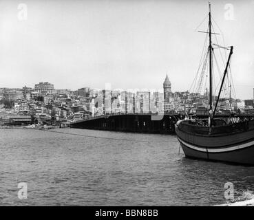 geography / travel, Turkey, cities, Istanbul, city views / city scapes, view on Ataturk bridge, Galata Tower and quarter Karaköy, 1960s years, Stock Photo