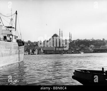 geography / travel, Turkey, cities, Istanbul, city views / city scapes, view from Kalaköy on Golden Horn and Süleymaniye Mosque, 1960s, Stock Photo