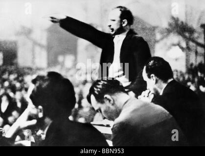 Ulbricht, Walter, 30.6.1893 - 1.8.1973, German politician  (KPD), at manifestastion of NSDAP, Friedrichshain, Berlin, Januar 1931, in foreground left the head of Joseph Goebbels,  , Stock Photo