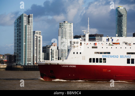 Birkenhead to Belfast Ferry on the Mersey in front of the modern Liverpool Skyline Stock Photo