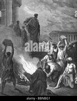 Paul (Saul of Tarsus), circa 1 - 64 AD, saint, 'Apostle to the Gentiles', Saint Paul in Ephesus, wood engraving by Gustave Dore ( 1832 - 1883), book burning, circa 1866, , Artist's Copyright has not to be cleared Stock Photo