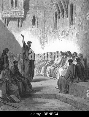 Paul (Saul of Tarsus), circa 1 - 64 AD, saint, 'Apostle to the Gentiles', scene, Paul in the synagogue of Thessalonika, wood engraving by Gustave Dore (1832 - 1883), Artist's Copyright has not to be cleared Stock Photo