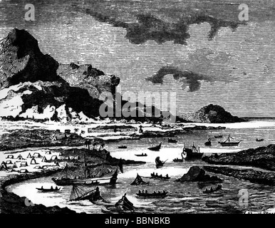 Cortes, Hernan, 1485 - 2.12.1547, Spanish conquistador, Conquest of Mexico 1519 - 1521, sinking of ships, wood engraving, 19th century, Stock Photo
