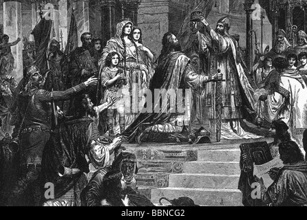 Charlemagne, 2.4.742 - 28.1.814, Roman Emperor 800 - 814, King of the Franks 768 - 814, coronation as emperor by Pope Leo III in Rome, wood engraving, 19th century, Stock Photo