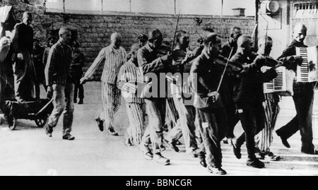 Nazism / National Socialism, crimes, concentration camps, Mauthausen, Austria, prisoner's orchestra playing at the execution of prisoner Hans Bonarewitz, 30.7.1942, Stock Photo
