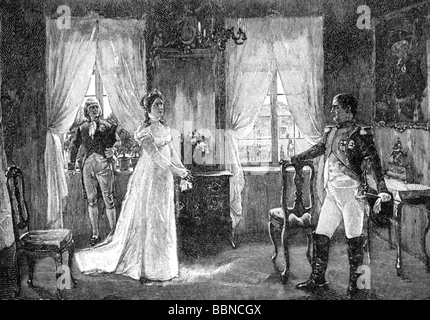 events, War of the Fourth Coalition 1806/1807, Tilsit Peace Treaty, meeting between Queen Consort Louise of Prussia and Emperor Napoleon I, 6.7.1807, Napoleonic Wars, clemency plea, military commander, historical, historic, 19th century, France, people, Stock Photo