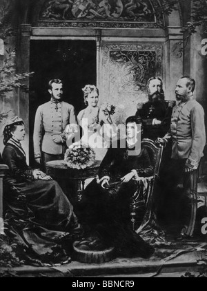 Franz Joseph I, 18.8.1830 - 21.11.1916, Emperor of Austria 2.12.1848 - 21.11.1916, with his wife Elisabeth, son Rudolf, daughter-in-law Stephanie and the the royal couple of Belgium, photo composition, circa 1881, Stock Photo