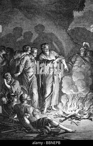 Paul (Saul of Tarsus), circa 1 - 64 AD, saint, 'Apostle to the Gentiles', scene: Rescue from poison snake, copper engraving from Dutch bible of the 18th century, Artist's Copyright has not to be cleared Stock Photo