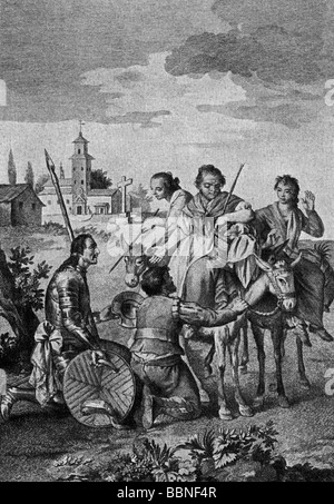 Don Quixote, literary character of the novel by Miguel Cervantes Saavedra (1547 - 1616), kneeling with Sancho Panza in front of Dulcinea, engraving by Carnicero, from Madrid edition, 1780, Stock Photo