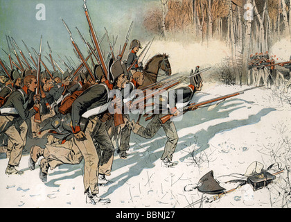 events, War of the Fourth Coalition 1806/1807, Battle of Battle of Eylau 7. / 8.2.1807, Prussian infantry attacking, colour print after Carl Roechling, 1910, attack, Prussians, Rochling, French troops in forest near Kutschitten, assault, Germany, historic, historical, uniform, uniforms, soldiers, winter, snow, Napoleonic Wars, 19th century, Röchling, people, 1910s, 20th century, Stock Photo