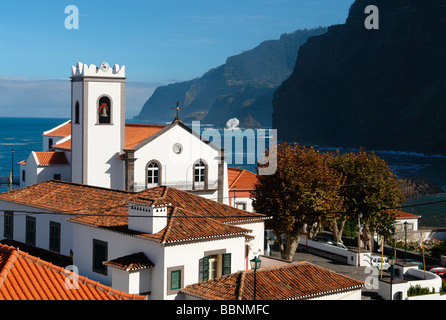 geography / travel, Portugal, Madeira, Ponta Delgada: Village church with coast at rear, Additional-Rights-Clearance-Info-Not-Available Stock Photo