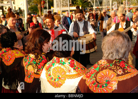 geography / travel, Portugal, Madeira, Funchal: Men and women in traditional garb of a Porto da Cruz folklore group during a dance presentation, Additional-Rights-Clearance-Info-Not-Available Stock Photo