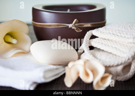 Soap, towels and massage ribbon Stock Photo