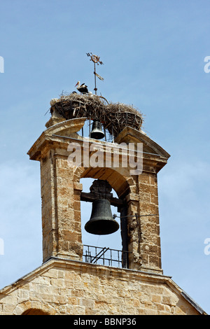 Bell tower in Salamanca, Spain, Espana, Catalan, with stork  or storks nesting on the top Stock Photo