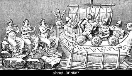 Odysseus (Ulysses), Greek king of Ithaca and hero, passing the Sirens, wood engraving, after sarcophagus relief, Museum Florence, Stock Photo