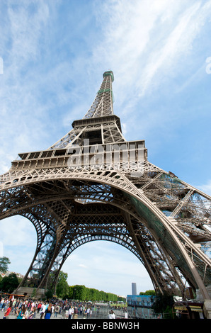 View looking straight up a leg of The Eiffel Tower in Paris France Stock Photo