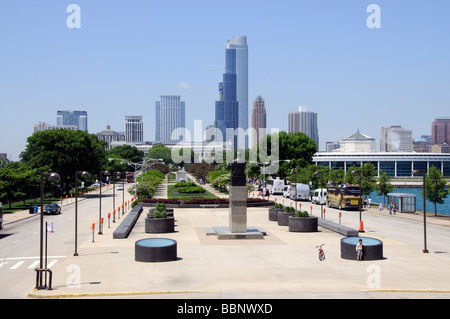 Chicago skyline seen from Northerly Island Illinois USA Looking down East Solidarity Drive Stock Photo