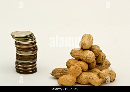 Stack of American half dollar coins next to a pile of peanuts Stock Photo