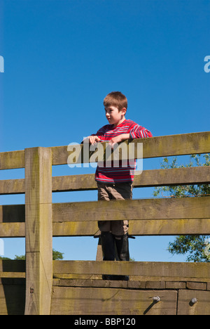 A nine year old boy standing alone on a uk countryside bridge deep in thought in the spring Stock Photo