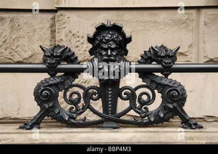 Close up of a railing feature on the Dakota Building on West 72nd St Central Park West, New York.