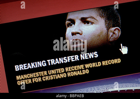 Manchester United's official website breaks the news that the club has received an £80 million bid for Cristiano Ronaldo Stock Photo