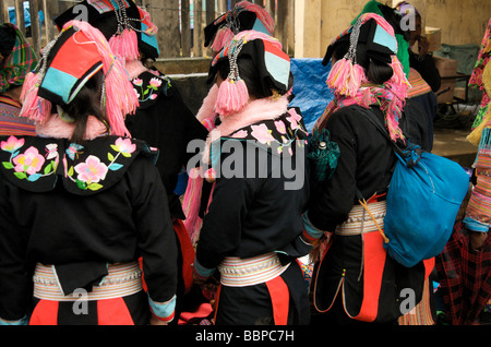 Back view of three tribal woman's traditional tribal clothing in North Vietnam Stock Photo