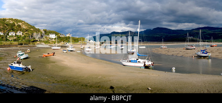 A panorama of Barmouth harbour, Gwynedd, North Wales, harbour at low tide Stock Photo