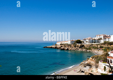 A spectacular view along the rugged coastline of the Costas from the Balcony of Europe, Nerja Stock Photo