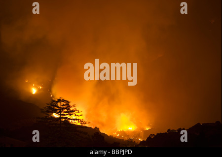 Santa Barbara, California - Large flames and smoke as Jesusita fire burns out of control on Wednesday night, May 6, 2009 Stock Photo