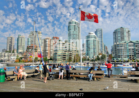 Skyline of Vancouver, view from Granville Iceland, national flag of Canada, Vancouver, British Columbia, Canada, North America Stock Photo