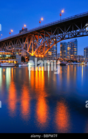 Skyline of Vancouver Down town in the evening light, on False Creek, Granville Street Bridge, British Columbia, Canada, North A Stock Photo