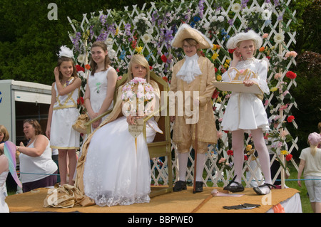 London May Queen on dias ready for crowning, Merrie England and London May Queen Festival at Hayes, Kent (LB Bromley) Stock Photo