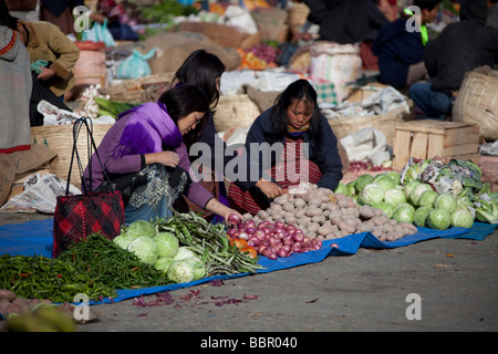 Market traders  at Paro vegetables and fruit market, Bhutan, Asia Stock Photo