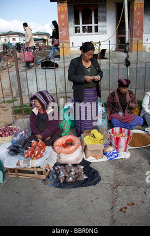 Market traders at Paro vegetables and fruit market, Bhutan, Asia Stock Photo