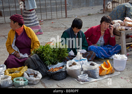 Market traders at Paro vegetables and fruit market, Bhutan, Asia Stock Photo