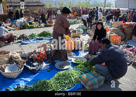 Market traders at Paro vegetables and fruit market, Bhutan, Asia Stock Photo