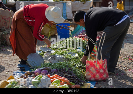 Market traders at Paro vegetables and fruit market, Bhutan, Asia Stock Photo