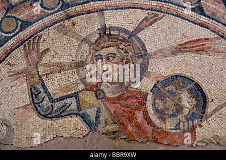 Segment of ancient zodiac mosaic floor showing the Sun god, Helios belonging to the Hammat Tiberias Synagogue on the outskirts of Tiberias in Israel Stock Photo