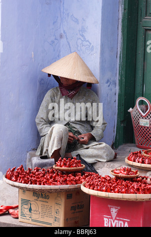 Vietnamese woman wearing [conical hat] resting in shade against blue wall, 'Hoi An' street market, Vietnam