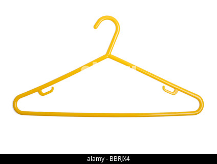 Yellow plastic coat hanger on white background Stock Photo