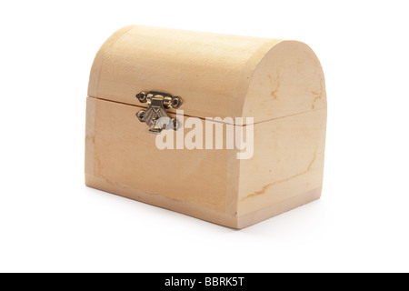 Miniature Wooden Treasure Box on White Background Stock Photo