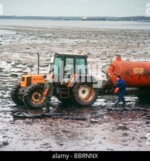 Tractor and bowser cleaning the oil from shoreline following the Sea Empress disaster Stock Photo