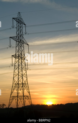 Electricity pylon at sunset against orange sky Stock Photo