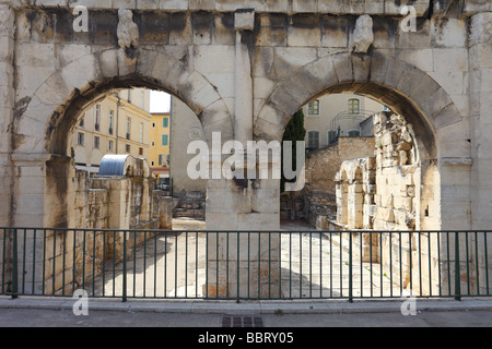 Ancient roman city gate Nimes Porta Augusta Languedoc-Rousillon France Stock Photo