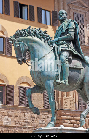 Equestrian bronze statue of Cosimo I De' Medici by Giambologna 1598  in Piazza della Signoria in Florence,Firenze,Tuscany, Italy Stock Photo