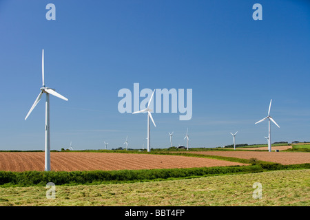 A wind farm on agricultural land in West cornwall near St Ives UK Stock Photo